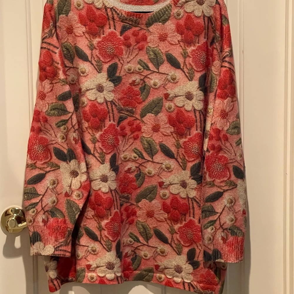 Floral Knit Sweater in vibrant pinks reds and Green